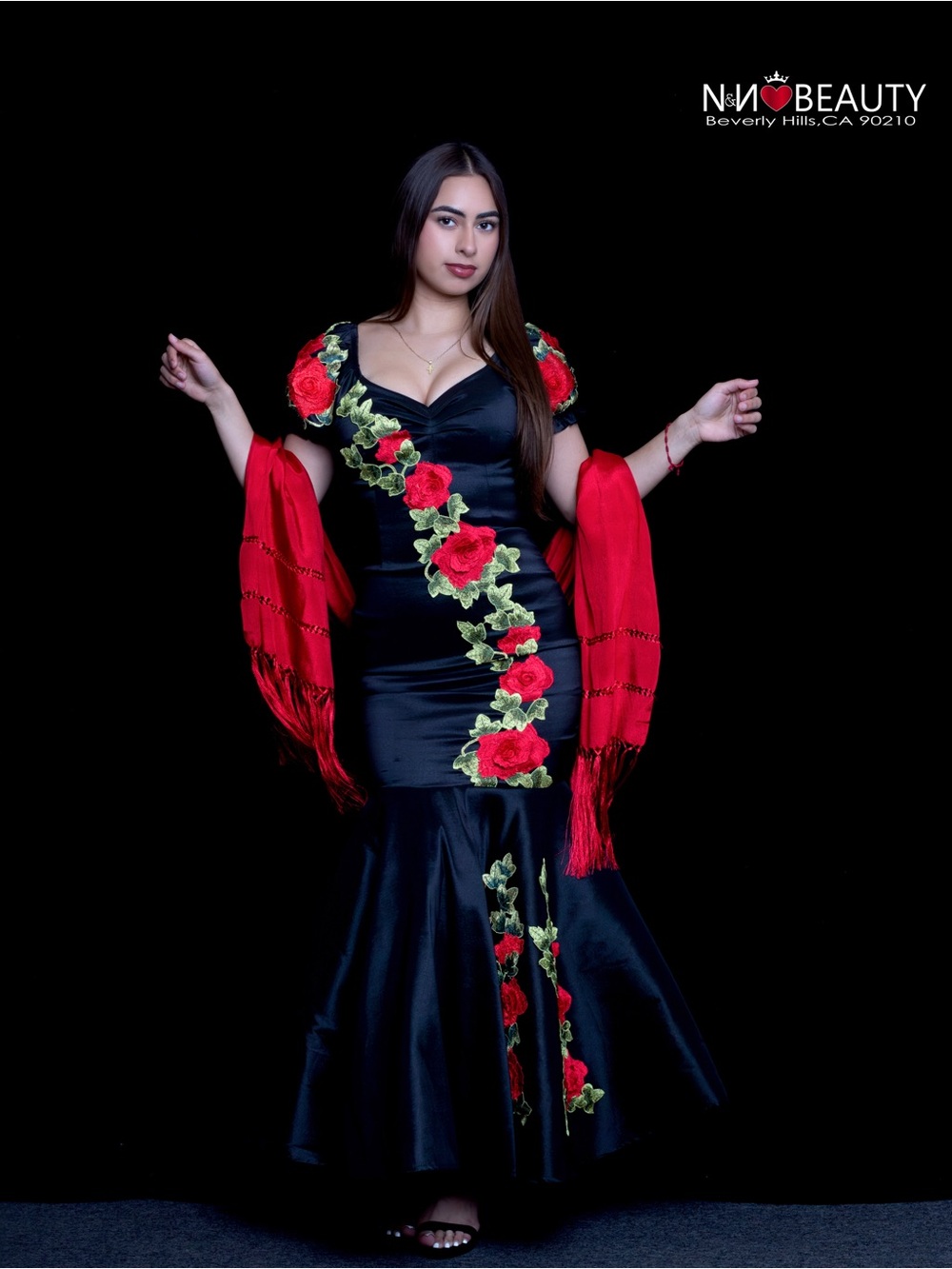 Black Satin Mermaid Dress with Red Rose Embroidery and Red Shawl - Picture 2 of 11